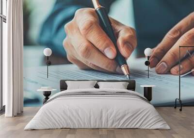 A person seated at a desk writing on a piece of paper using a pen. Generative AI Wall mural