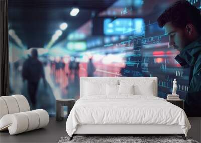 A person types on a laptop in a bustling metro station, illustrating the vulnerability associated with public Wi-Fi connections in crowded areas. Generative AI Wall mural