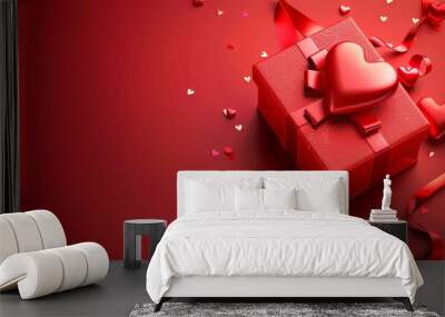 A red gift box featuring a heart design, perfect for Valentines Day celebrations. Generative AI Wall mural