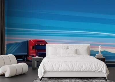 A red semi-truck drives along a highway with an open horizon and blue sky. Generative AI Wall mural