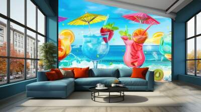 A row of five colorful cocktails garnished with fruit and adorned with small umbrellas sit on a sandy beach with the ocean and palm trees in the background. Generative AI Wall mural