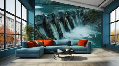 A serene view of a hydroelectric dam generating power in a green landscape. Generative AI Wall mural