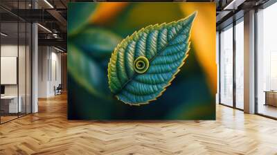 A single tea leaf spirals gently, surrounded by vibrant green foliage, capturing the delicate beauty of nature at dusk. Generative AI Wall mural