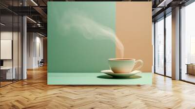 A steaming cup of tea sits on its saucer, with smooth steam swirling upward, creating a sense of warmth and calm in a serene environment. Generative AI Wall mural