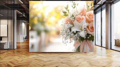 A stunning bridal bouquet featuring roses and lilies, beautifully arranged for a wedding ceremony with a soft, blurred aisle background. Generative AI Wall mural