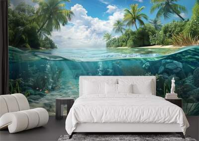 A stunning tropical lagoon with crystal-clear water, white sand, and palm trees. Split image of both surface and vibrant underwater reef full of fish. Generative AI Wall mural