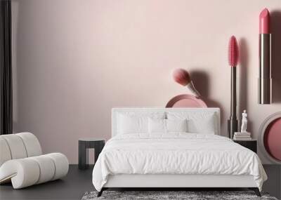 A stylish arrangement showcases lipstick, makeup brushes, and powder resting on a light background, emphasizing minimalist beauty essentials. Generative AI Wall mural