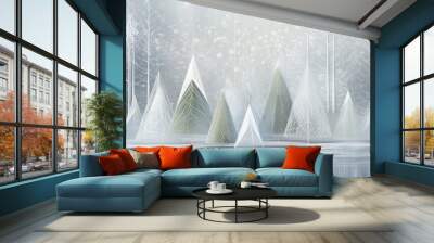 A tranquil winter forest showcases abstract Christmas trees crafted from a variety of triangular forms covered in soft snow. Generative AI Wall mural