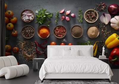 A variety of spices and fresh vegetables are laid out on a kitchen table, ready for cooking. Generative AI Wall mural