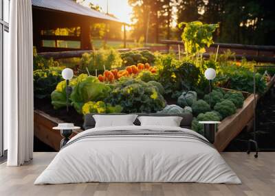 A vegetable garden with ripe vegetables and herbs on the beds. Generate Ai Wall mural