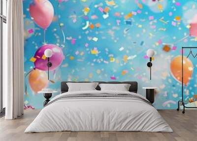 A vibrant and festive birthday party scene with colorful balloons, confetti, and presents. Generative AI Wall mural