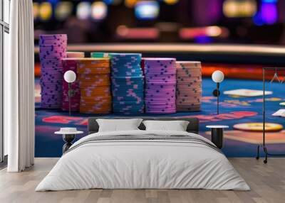 A vibrant casino table at night featuring colorful stacks of poker chips and playing cards for an exciting game experience. Generative AI Wall mural