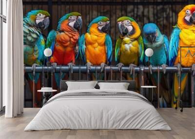 A vibrant collection of parrots displaying a rainbow of colors in a well-crafted cage, showing their unique plumage under warm sunlight. Generative AI Wall mural