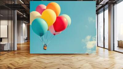 A vibrant group of balloons ascends into a clear blue sky, creating a joyful and festive atmosphere on a sunny day. Generative AI Wall mural