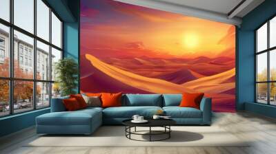 A vibrant sunset paints the sky with fiery hues as it illuminates the rolling sand dunes of a vast desert landscape. Generative AI Wall mural