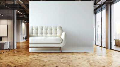 A white sofa with button tufting and wooden legs sits in front of a white wall. Generative AI Wall mural