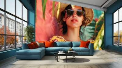 A woman in a vibrant summer outfit relaxes against a tropical backdrop, wearing sunglasses and a straw hat, embodying a carefree summertime vibe. Generative AI Wall mural