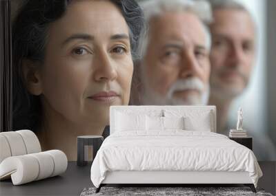 A woman with long dark hair sits in the foreground, while two older men are positioned behind her, sharing a moment of thoughtful discussion in a serene indoor setting. Generative AI Wall mural