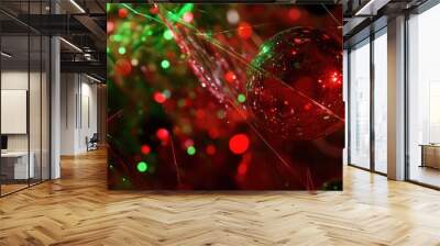 Bright red and green Christmas ornaments and lights create an abstract display, capturing the festive spirit of the holiday season. Generative AI Wall mural