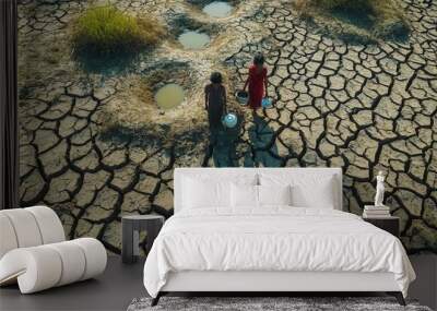 Children stand on cracked soil, gathering dirty water from shallow puddles amid a severe drought and signs of hunger. Generative AI Wall mural