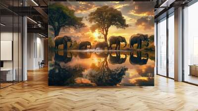 Elephants enjoy bathing in a serene waterbody as the sun sets behind them, casting beautiful reflections in the water. Generative AI Wall mural