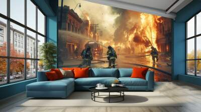 Firefighters battle a fierce blaze engulfing a multi-story building, surrounded by flames and smoke in an urban environment. Generative AI Wall mural