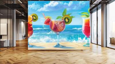 Five colorful cocktails adorned with fruit garnishes and umbrellas are arranged on a sandy beach with crashing waves in the background. Generative AI Wall mural