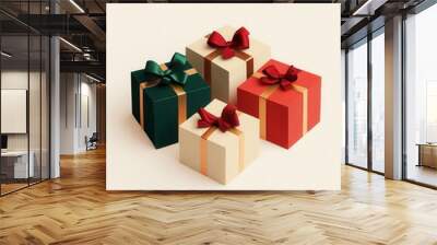 Four minimalist Christmas gift boxes in vibrant colors and geometric shapes feature elegant ribbons and bows on a soft backdrop. Generative AI Wall mural