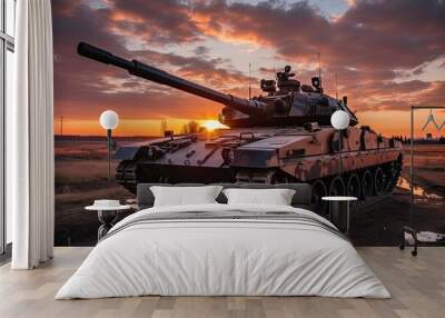 Military tank ready for battle in the field at dawn, AI Generative Wall mural