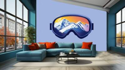 Ski goggles display a stunning reflection of majestic snow-covered mountains, capturing the essence of winter sports at a ski resort. Generative AI Wall mural