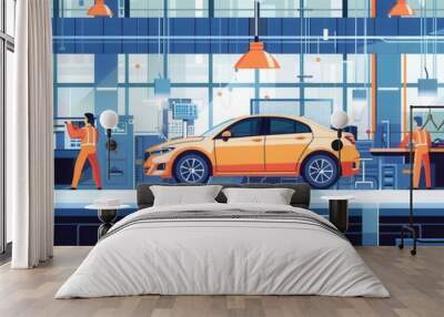 Skilled workers are focused on installing and inspecting car interiors on the factory floor, ensuring high-quality production. Generative AI Wall mural