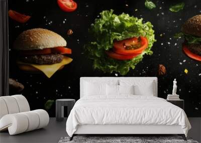 Sliced lettuce, tomatoes, cheese, and burger patties are artfully arranged and scattered on a dark backdrop, creating a mouthwatering display. Generative AI Wall mural