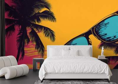 Sunglasses reflecting palm trees against a sunset backdrop. Generative AI Wall mural