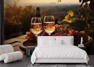 Sunset over vineyard as red grapes are ripe, and a bottle of wine with two glasses poured and light snack are on a wooden box. Generative AI Wall mural