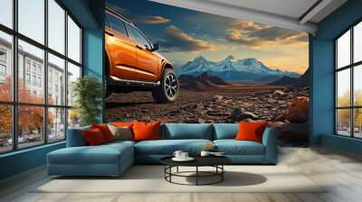 SUV car on top of mountain with beautiful scenery, closeup wheel, Generate Ai Wall mural