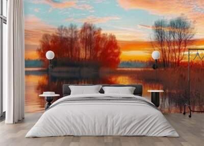 The beauty of an autumn sunset paints the sky in vivid colors, with reflections shimmering in the tranquil water below. Generative AI Wall mural