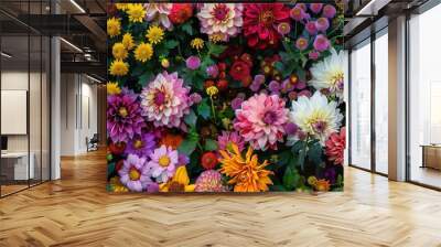 The garden shines with vibrant autumn blooms, featuring chrysanthemums, dahlias, and a variety of colorful flowers. Generative AI Wall mural