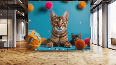 Two cats enjoy an afternoon of play with vibrant yarn balls and colorful toys, showcasing their playful and energetic nature. Generative AI Wall mural