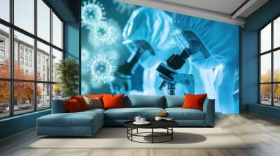 Two medical professionals in protective suits closely monitor viruses through a microscope, highlighting efforts in disease control and prevention. Generative AI Wall mural