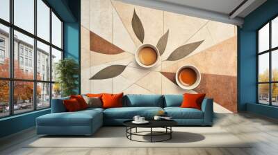 Two tea cups are surrounded by harmonious lines representing tea leaves, blending smoky and warm earthy colors in a calm composition. Generative AI Wall mural