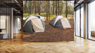 Two tents are pitched in a tranquil forest setting beside a parked car, surrounded by tall trees and green foliage Wall mural