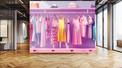 Various dresses neatly hung on a clothing rack in a trendy womens closet. Summer collection with a mix of dresses and shirts showcased. Generative AI Wall mural