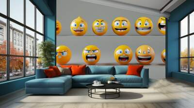 Various emoji balls are arranged in two rows, each depicting a different expression, from happiness to anger, against a simple background. Generative AI Wall mural