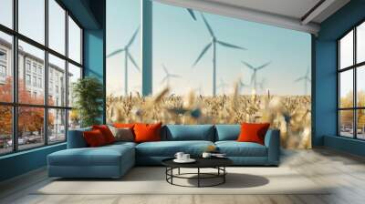 Wind Turbine Fields, Ideal for companies in wind energy and eco-tech. Background shows fields with rotating turbines. Generative AI. Wall mural