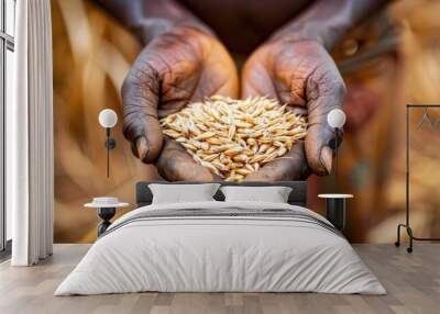 Close-up of a farmer's hands holding harvested grains in a field during the late afternoon Wall mural