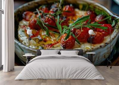 Creamy baked dish with roasted cherry tomatoes and herbs served in a rustic casserole dish Wall mural