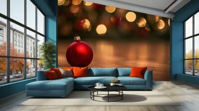 Red Christmas ornament resting on wooden floor with blurred tree lights in the background Wall mural