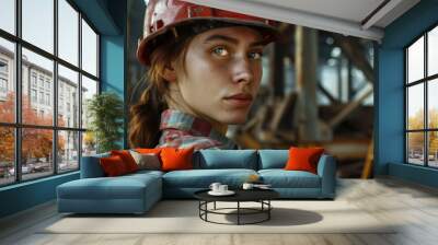 Young woman in a hard hat at a construction site during the day Wall mural