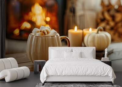 Cozy autumn evening with a warm mug of hot chocolate topped with marshmallows by the fireplace Wall mural