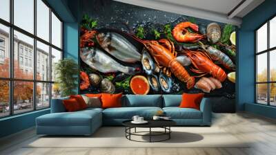 Fresh seafood platter with various shellfish and fish on a dark stone surface garnished with herbs Wall mural